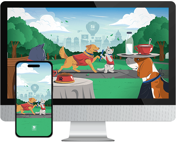 Desktop & mobile example of "Play Like Cats and Dogs wallpaper" pet wallpaper for phones